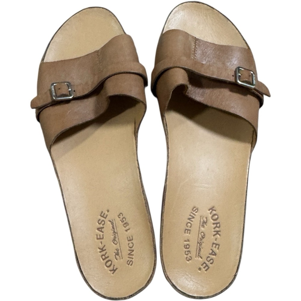 Kork-Ease Tan‎ Leather Slides Sandals With Decorative Clasp Women's 11M